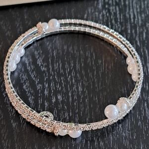 Anne Klein Silver and White Pearl and Rhinedtone Wrap Around Bracelet